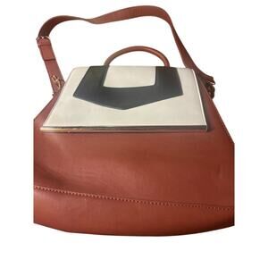 Lionel Vegan Leather Hand / Shoulder Bag Stiff Body Brown Black White Gold NWOT